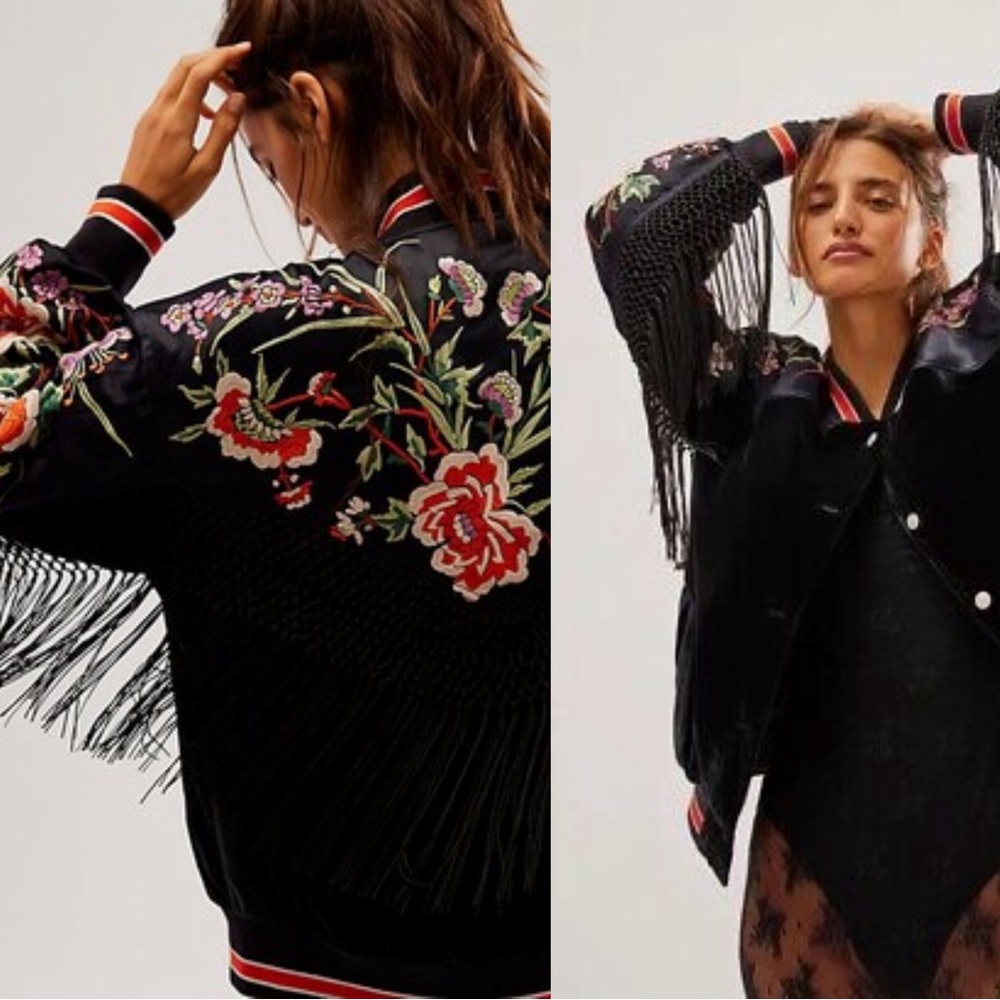 Free People Bali Seville Bomber Floral Embroidered Velvet Sating Jacket Sz small